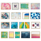 Collage of 16 small, framed abstract artworks featuring a variety of colorful patterns including pink swirls, a butterfly with text, blue circles, and brushstroke textures on a white background.