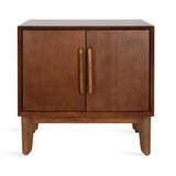 Rectangular wooden side table with two smooth doors and rounded vertical handles, supported by four sturdy legs, in a warm medium brown finish.