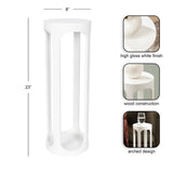 Tall white cylindrical wood side table with arched cutouts along the sides and a high gloss finish, shown alongside detail close-ups and a use example.