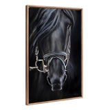 Framed canvas art featuring a modern portrait of a regal ebony horse with a vintage beaded gold-tone frame.