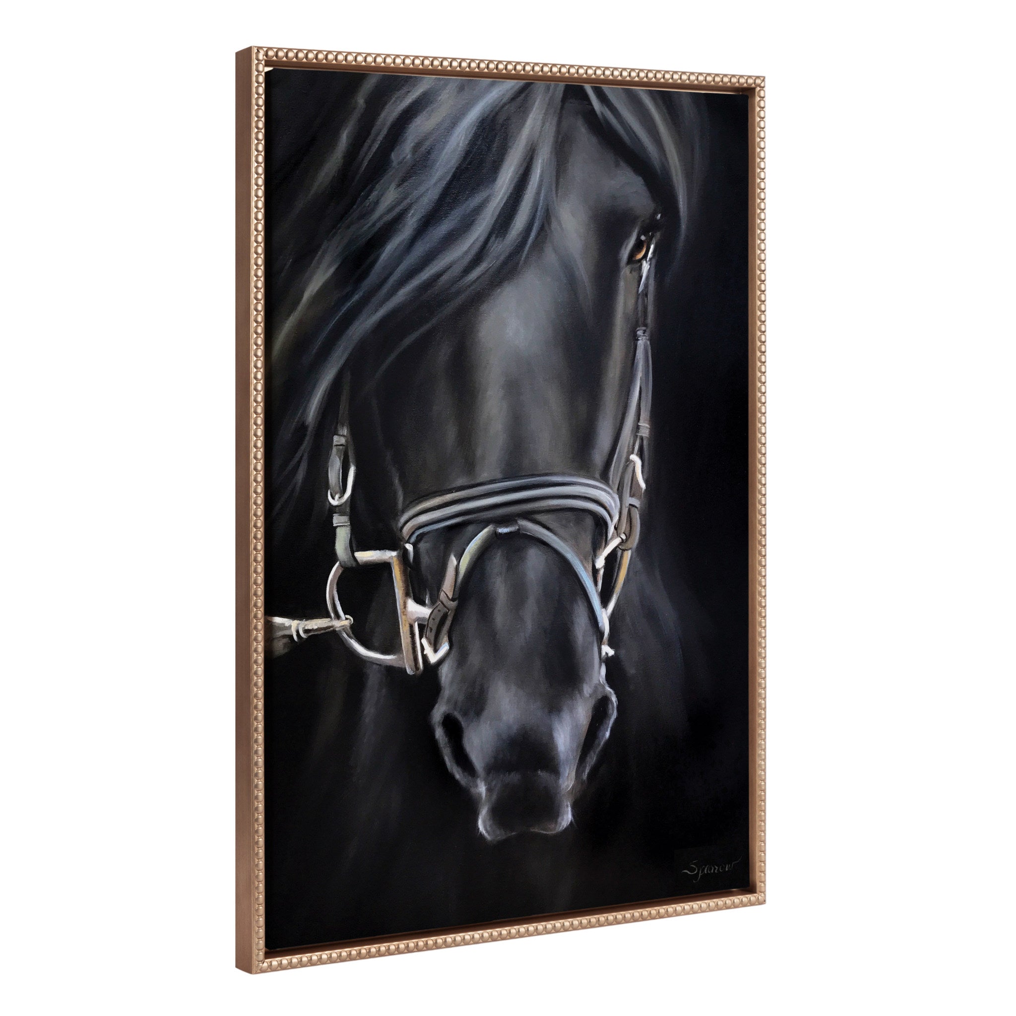 Framed canvas art featuring a modern portrait of a regal ebony horse with a vintage beaded gold-tone frame.