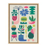 Framed canvas print with colorful stylized houseplants in various bright pink, blue, green, and yellow pots and shapes on a cream background.