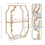 Gold scalloped metal frame tiered shelf with floral and butterfly overlay, featuring three glass shelves, decorative eyelet hangers, and dimensional measurements.
