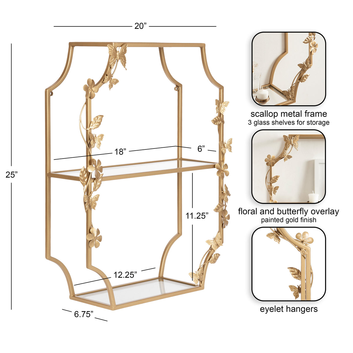 Gold scalloped metal frame tiered shelf with floral and butterfly overlay, featuring three glass shelves, decorative eyelet hangers, and dimensional measurements.