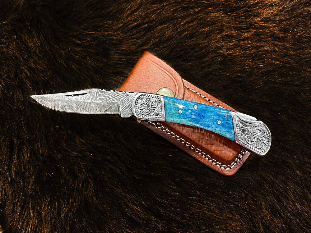 Pocket Knife Dyed Blue Bone 6.5'' Damascus Steel Knife with hand-stitched leather sheath