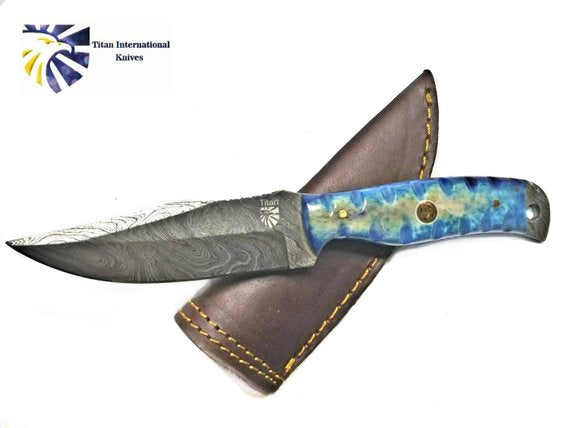EveryDay Carry Damascus Knife Titan Td-378 (1) showing dyed camel bone handle and patterned steel blade