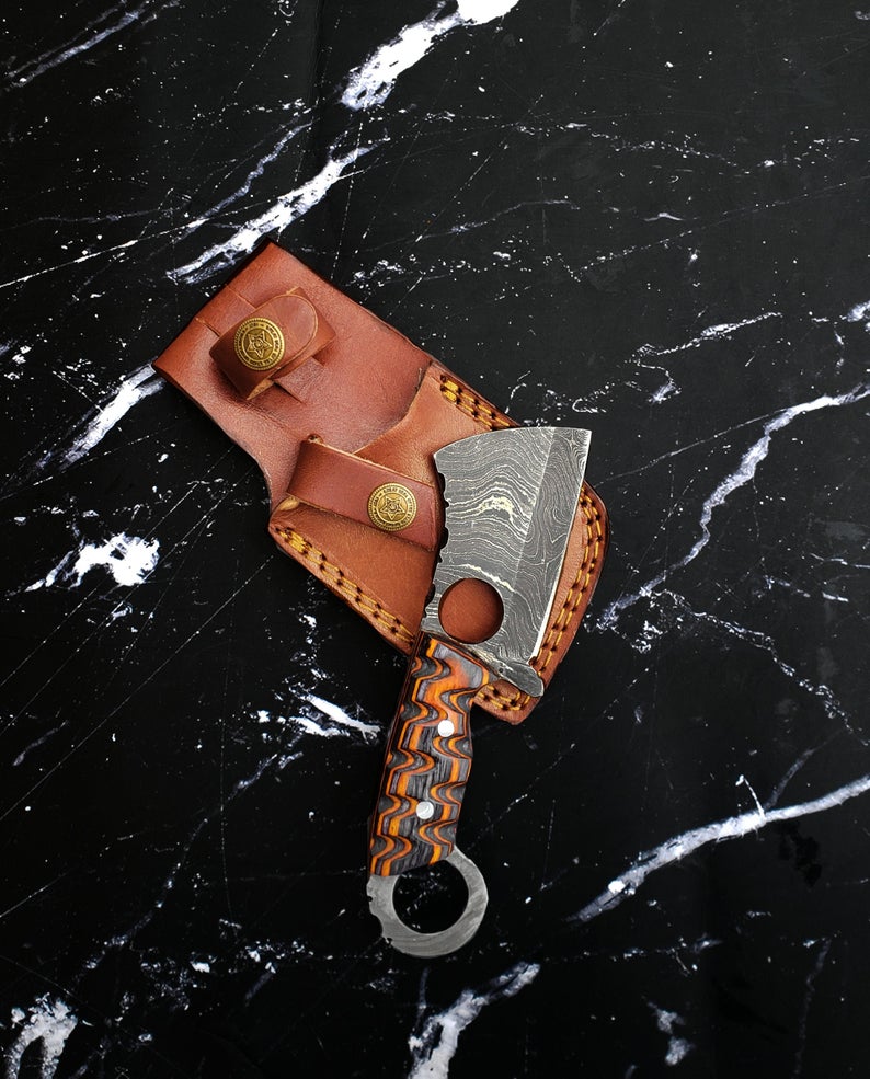 EDC Mini Cleaver knife with carved diamond wood tactical handle and finger hole, showcasing Damascus steel blade