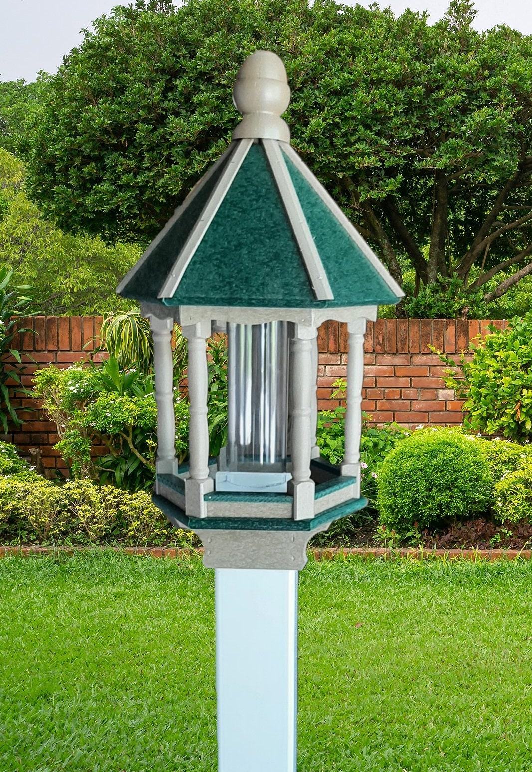 Premium Amish poly bird feeder with feeding tube in outdoor garden setting