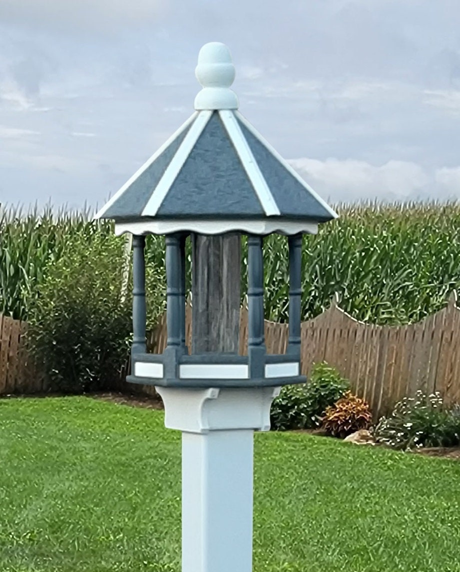 Premium Amish poly bird feeder with feeding tube in outdoor garden setting