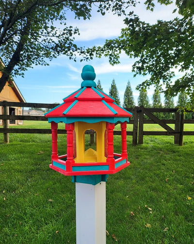 Amish handmade gazebo bird feeder in outdoor garden setting