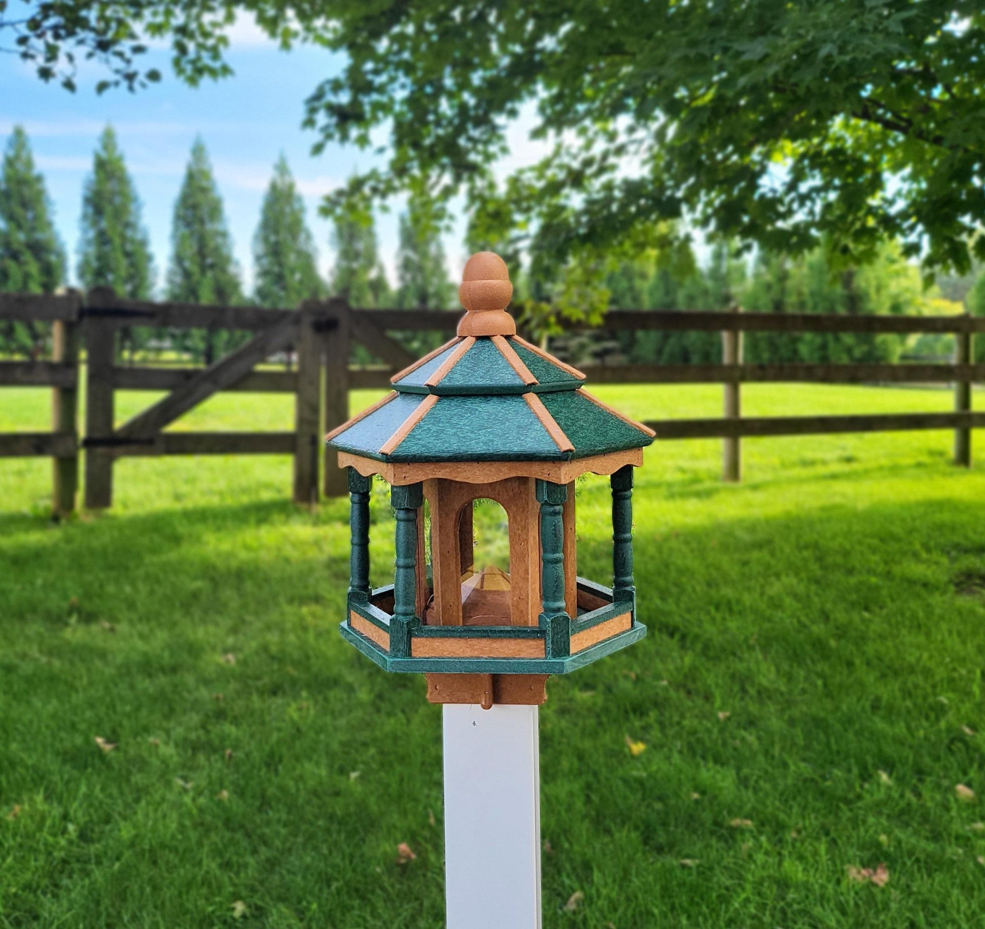 Amish handmade gazebo bird feeder in outdoor garden setting
