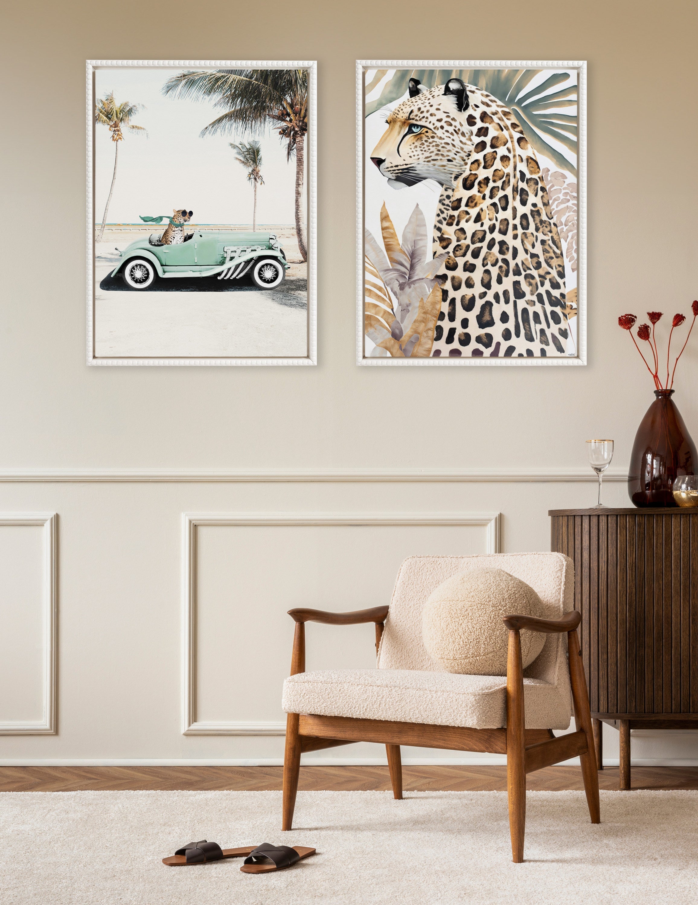 Sylvie Beaded Leopard in Car Beach Palms Framed Canvas by July Art Prints