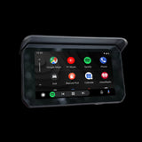 Car dashboard touchscreen displaying Google Maps, YT Music, Spotify, Phone, Exit, Beyond Pod, Calendar, and iHeartRadio app icons with media controls at the bottom.