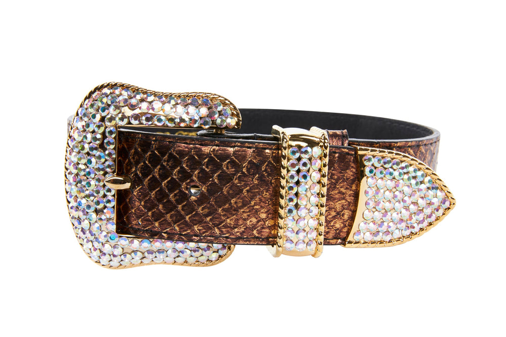 Bronze textured leather collar featuring a large snake-shaped buckle and tip encrusted with iridescent Swarovski crystals, viewed from the front left side.