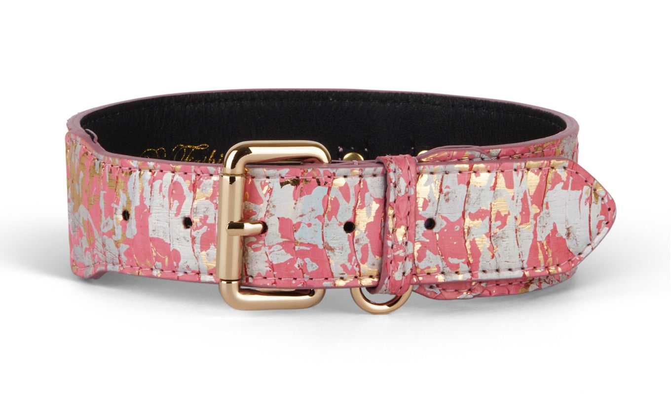 Iridescent Art Deco Pink/Gold/Silver Custom Snake Classic Collar with gold hardware