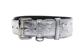 Silver metallic leather dog collar with silver studs, a rectangular silver buckle, and a D-ring, shown against a white background.
