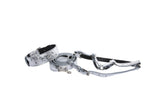 Silver studded Italian leather collar, leash, and harness set with metallic finish and metal clasp hardware, laid out on a white background.