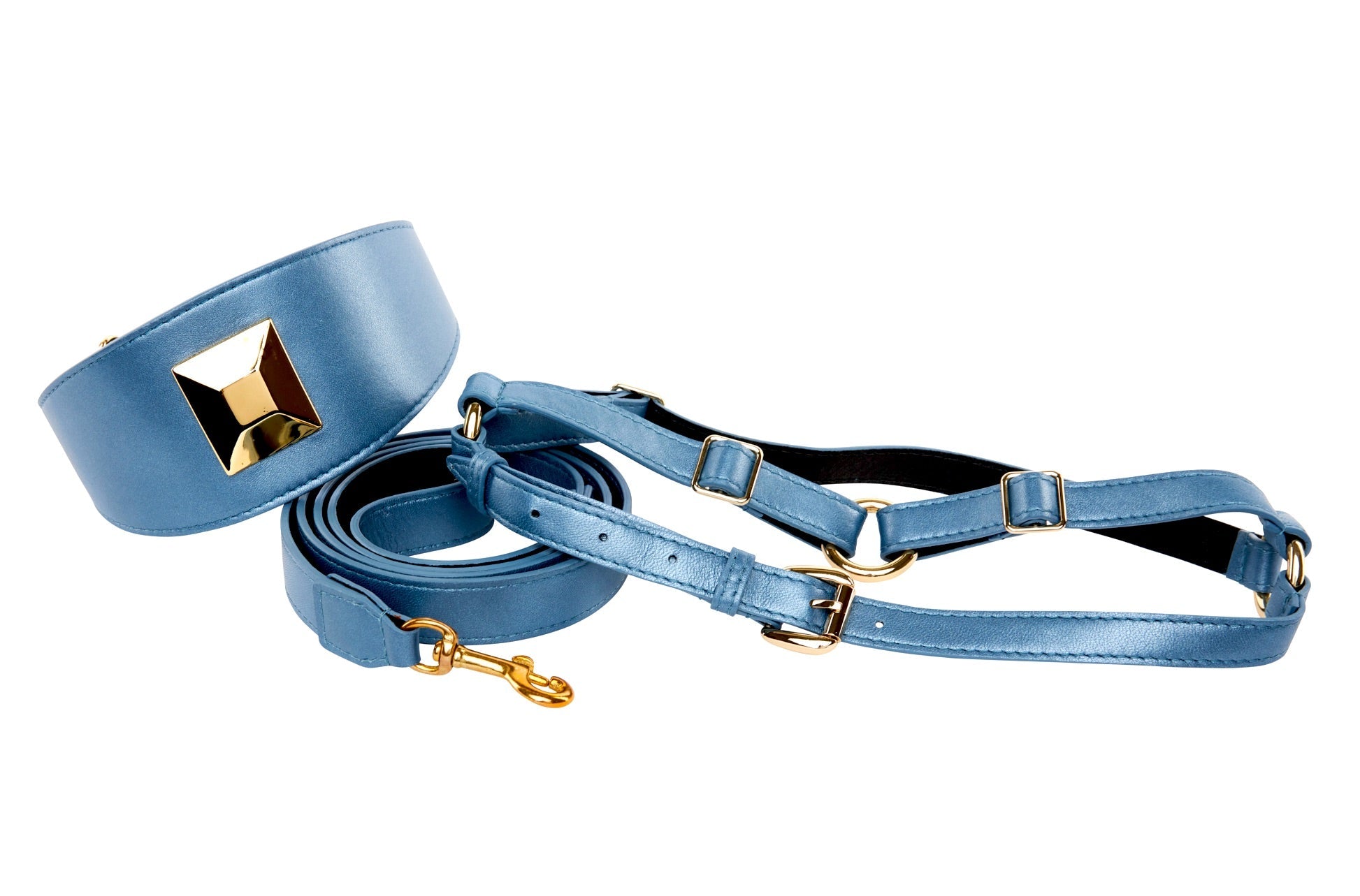 Pearl Blue Italian Leather 3 inch wide collar, gold rivet detail, matching leash and harness set