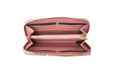 Open pink zip wallet with multiple card slots and a central zippered coin compartment, showing smooth interior panels and gold zipper pull.