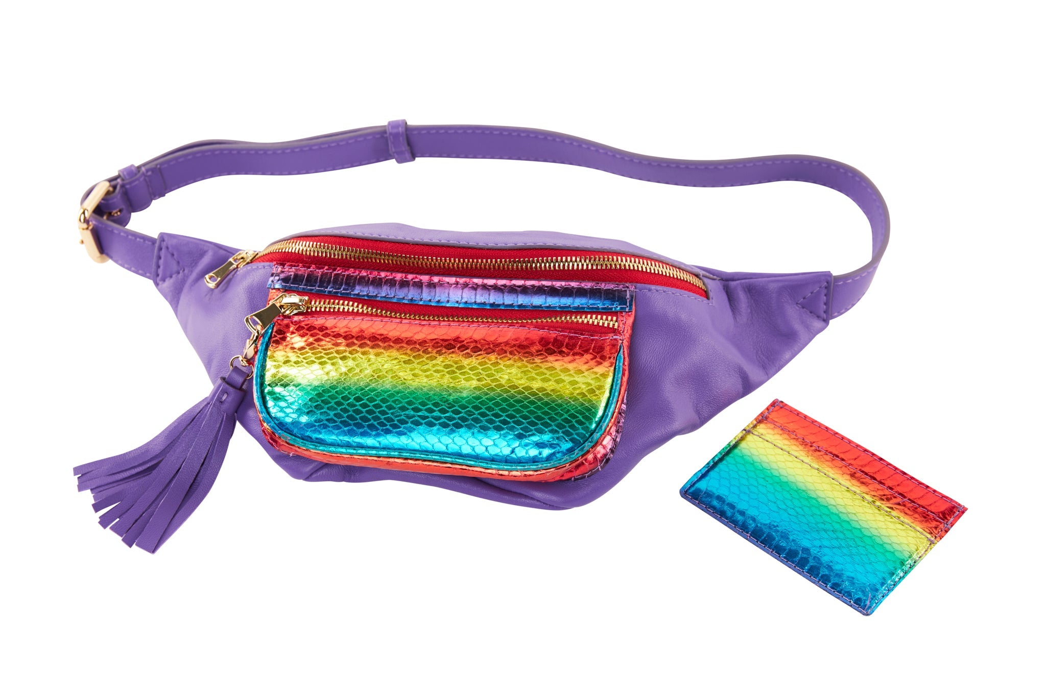 Pride Collection Rainbow Snake Purple Italian Leather Belt Bag and Matching Card Wallet