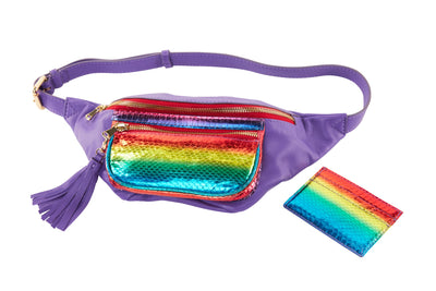 Pride Collection Rainbow Snake Purple Italian Leather Belt Bag and Matching Card Wallet
