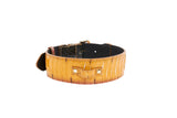 Mustard yellow snakeskin belt featuring gold buckle and hardware, with visible natural scale texture and a curved shape shown on a white background.