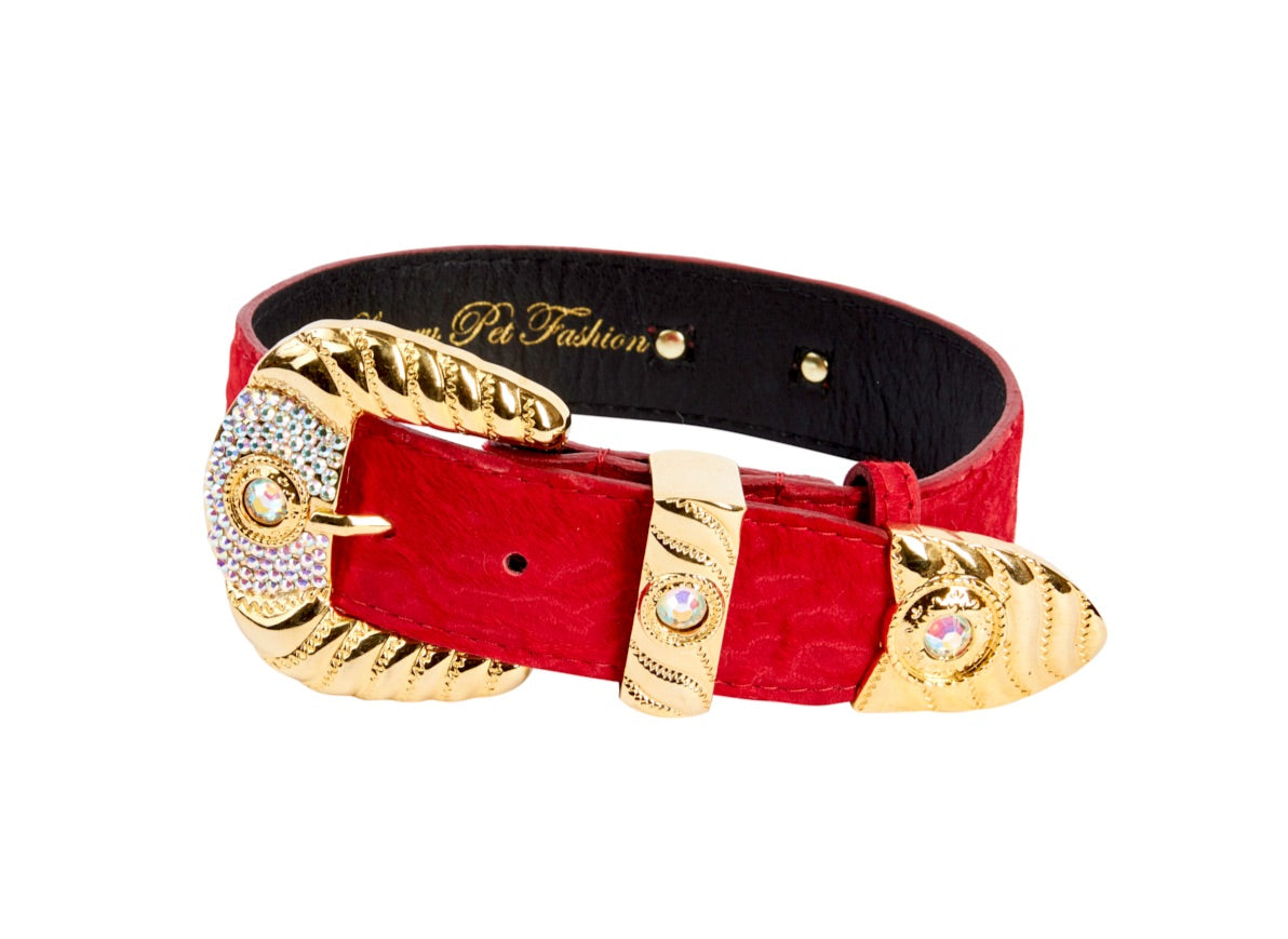 Red Hair On Hide Italian Leather Collar With Ornate Swarovski Hardware by Allysa Payne Beverly Hills - main product image for Resin Society