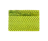 Compact neon green card wallet with a snake scale pattern and a horizontal slot on one side, featuring black-yellow iridescent highlights.