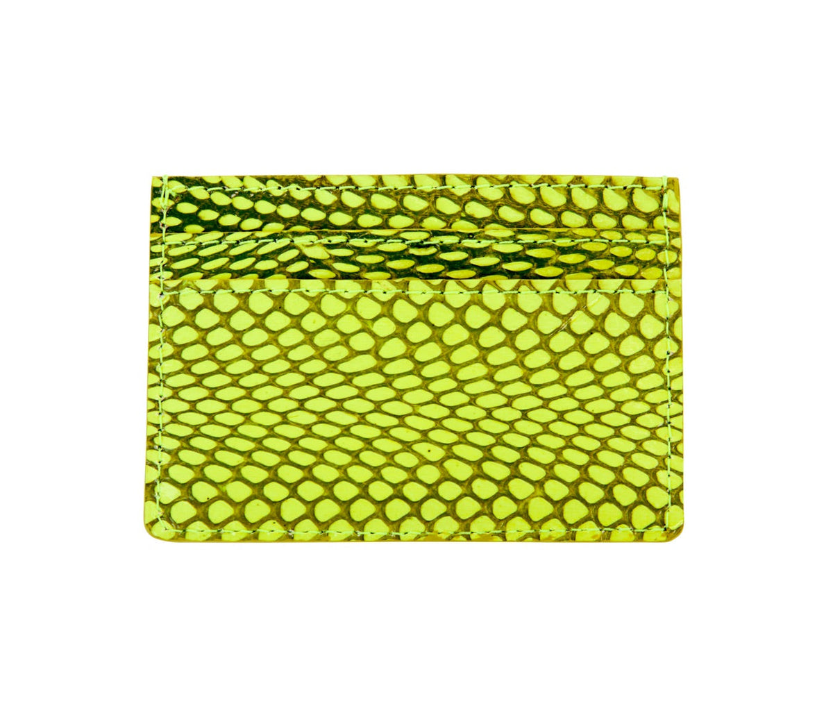 Compact neon green card wallet with a snake scale pattern and a horizontal slot on one side, featuring black-yellow iridescent highlights.