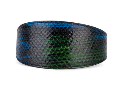 Blue, Green, Black, Yellow Snake 3” Wide Style Collar featuring hand-painted snake pattern and gold hardware