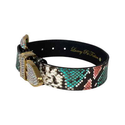 Multi-Color Embossed Snake Italian Leather Collar, with Italian Made Swarovski Crystal Hardware