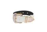Matte white snake-textured collar featuring gold buckle, loop, and tip adorned with multiple small clear Swarovski crystals.