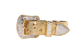 Gold leather belt buckle and strap tip adorned with iridescent Swarovski crystals, featuring gold studs on the strap area.