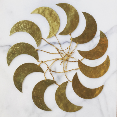 Crescent moon brass ornament with hanging cord