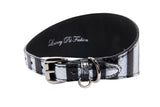 Black and silver wide 3-inch dog collar with a shiny snake-like textured surface and silver metal buckle and D-ring, showing inside text reading 'Luxury Pet Fashion'.
