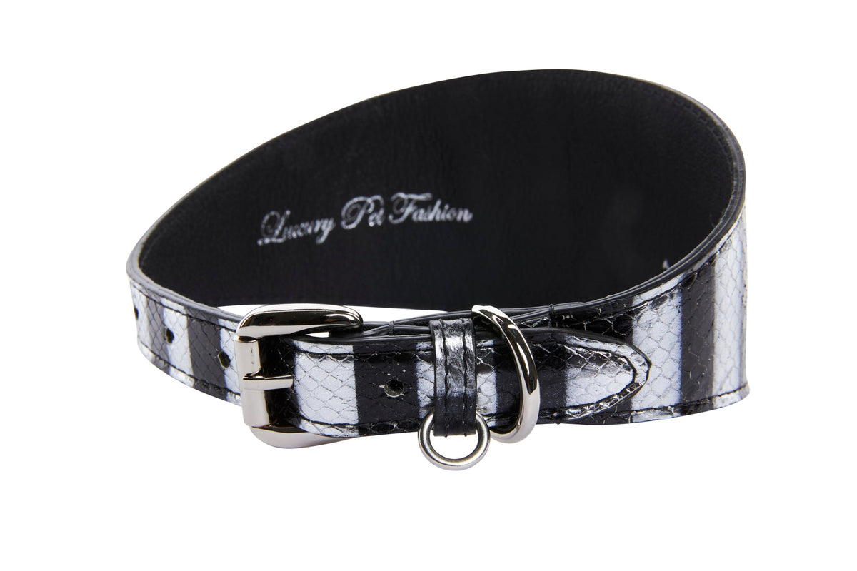 Black and silver wide 3-inch dog collar with a shiny snake-like textured surface and silver metal buckle and D-ring, showing inside text reading 'Luxury Pet Fashion'.
