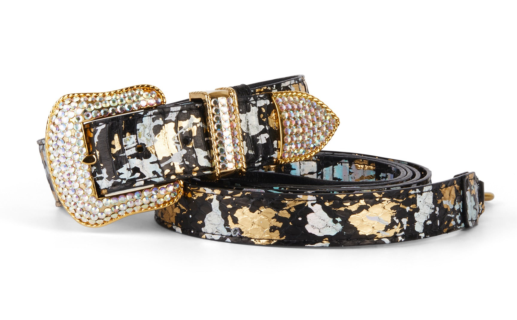 Black, gold, and silver Art Deco style collar and leash set adorned with Swarovski crystals