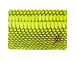 Neon green card wallet with viper snake scale pattern and subtle embossed logo on the lower right corner, flat with three card slots.