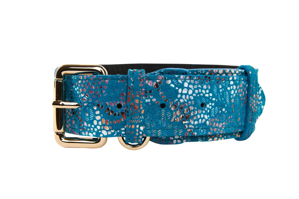 Blue Italian leather dog collar with floral mosaic texture and gold metal buckle and ring, shown flat on white background.