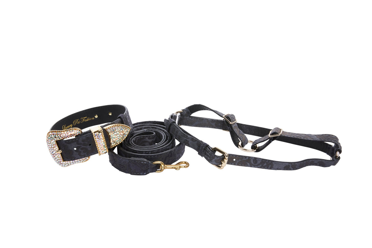 Blue grey Italian leather pet collar, leash, and harness with floral design and Swarovski crystals