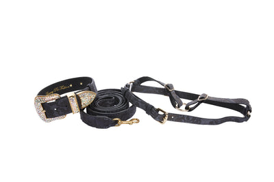 Blue grey Italian leather pet collar, leash, and harness with floral design and Swarovski crystals