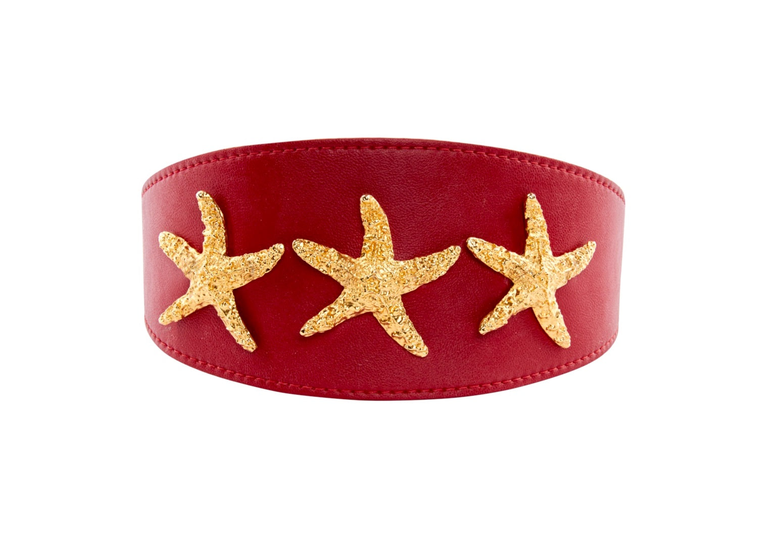 Red vegan leather wide collar with gold starfish on a dog