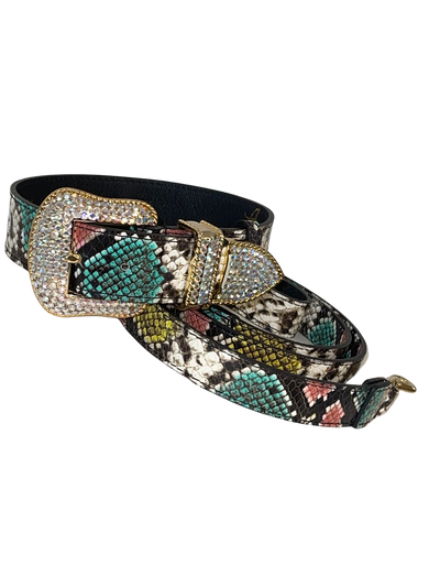 Multi-Color Embossed Snake Italian Leather Collar & Leash Set with Swarovski Crystal Hardware