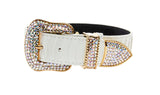 Matte white faux snake leather collar featuring a gold buckle, tip, and loop encrusted with multicolored Swarovski crystals.