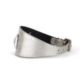 Silver snake-patterned collar with a large silver Swarovski crystal centerpiece, 3 inches wide, shown at a side angle on a white background.