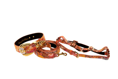 Orange floral mosaic leather dog collar, leash, and harness set with Swarovski crystal hardware