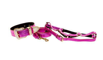 Luxury pink foil Italian leather pet collar with Swarovski crystals, matching leash and harness set