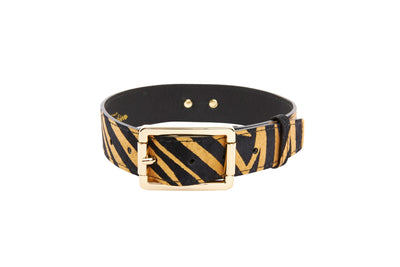 Gold & Black Zebra Print Italian Leather Collar with Modern Classic Hardware