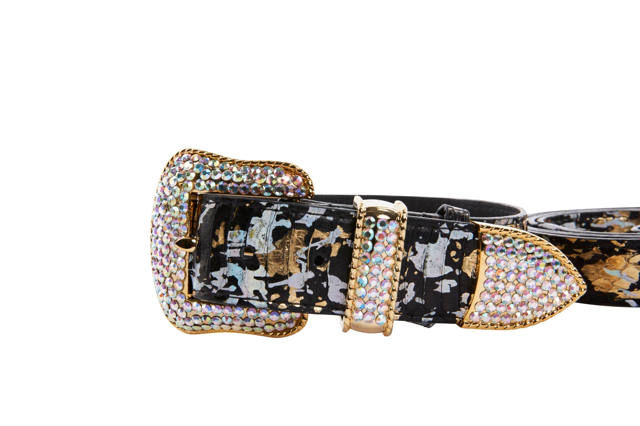 Black, Gold, Silver Iridescent Snake Collar & Leash Set With Swarovski