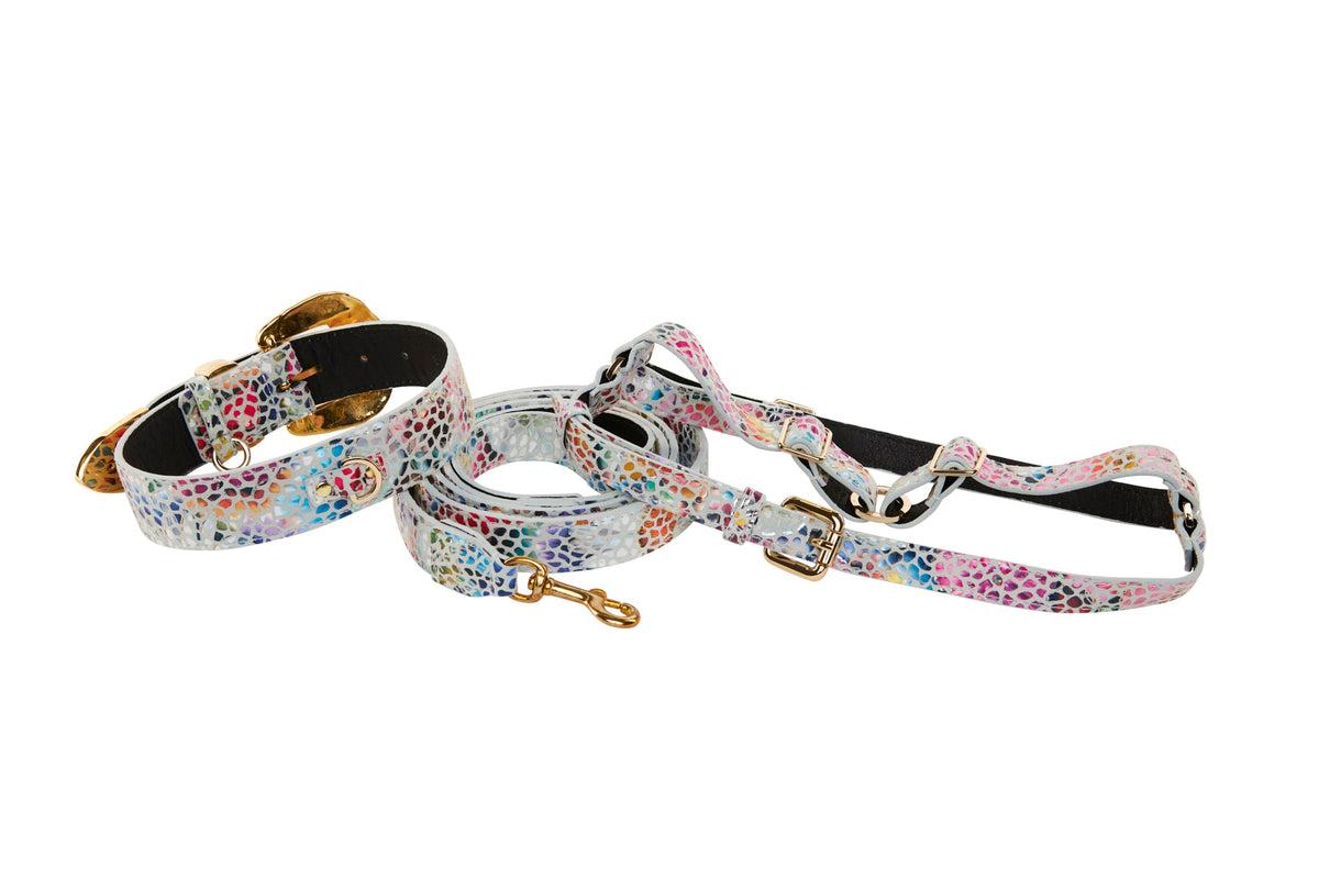 White Italian leather collar, harness, and leash set with colorful mosaic floral pattern and gold-tone hardware embellished with Swarovski crystals.